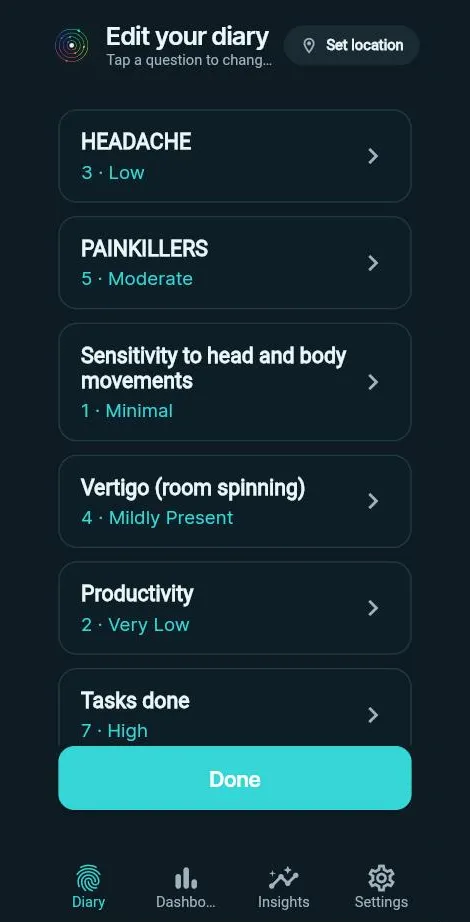 Daily diary with headache, painkillers, vertigo and productivity ratings