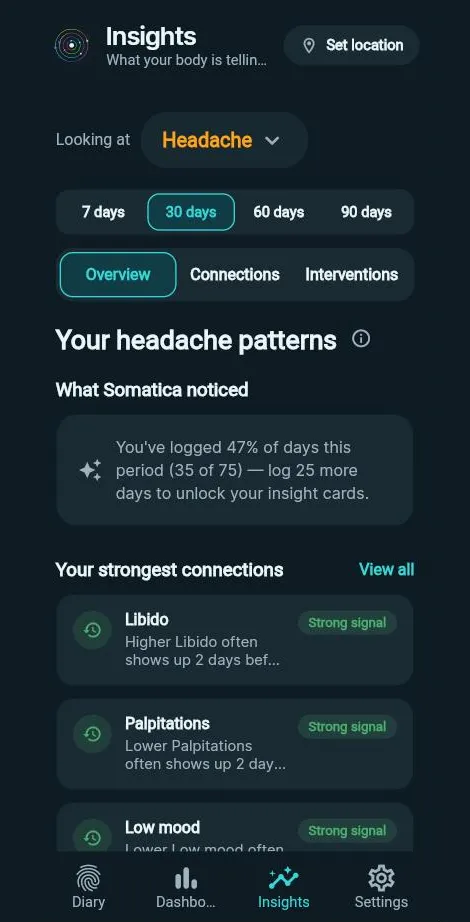 Insights screen listing the strongest connections for headache